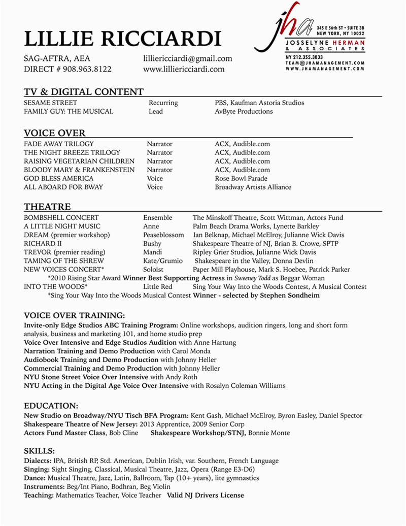 Sample Resume for Voice Over Artist Voice Over Resume Lillie Ricciardi