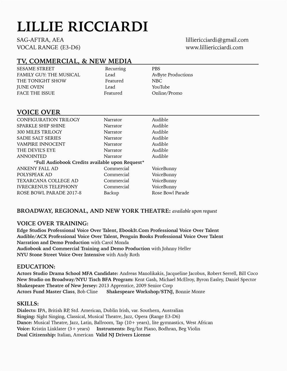 Sample Resume for Voice Over Artist Voice Over Resume Lillie Ricciardi