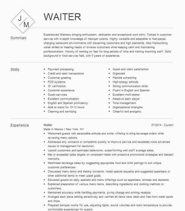 Sample Resume for Waitress and Cashier Cashier and Waiter Waitress Resume Example Park Place