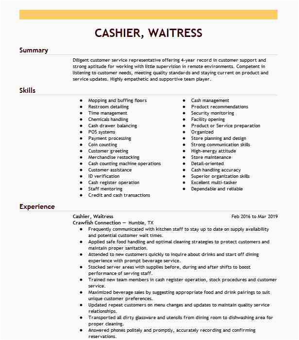 Sample Resume for Waitress and Cashier Cashier Uscan Cashier Resume Example Harris Teeter
