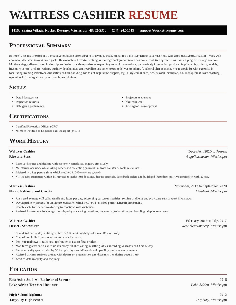 Sample Resume for Waitress and Cashier Waitress Cashier Resumes