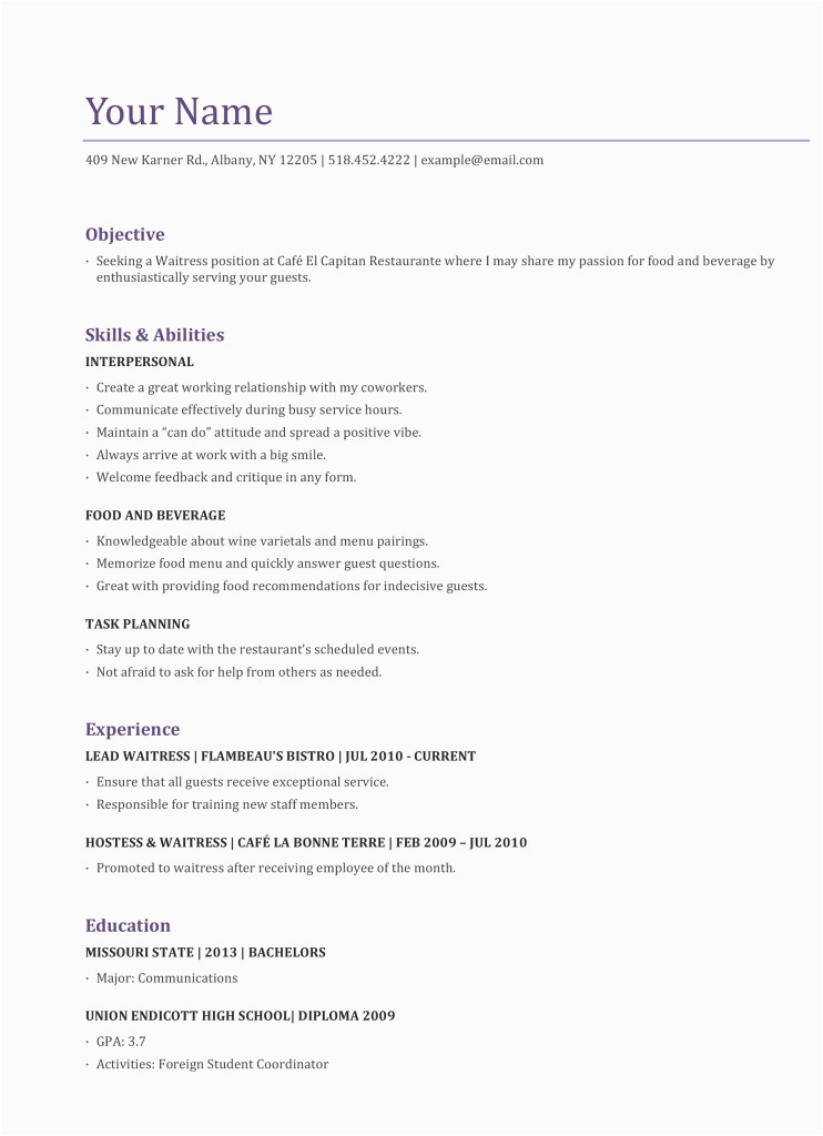 Sample Resume for Waitress Job with No Experience Waitress Experience Resume
