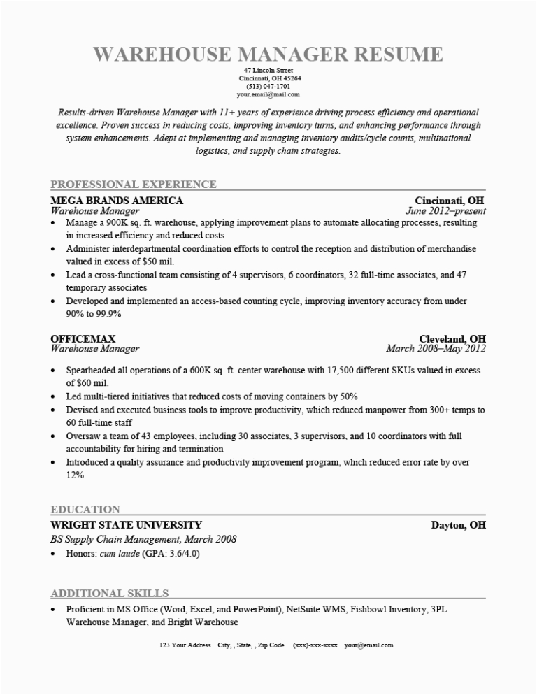 Sample Resume for Warehouse Manager In India Warehouse Manager Resume [sample Tips]