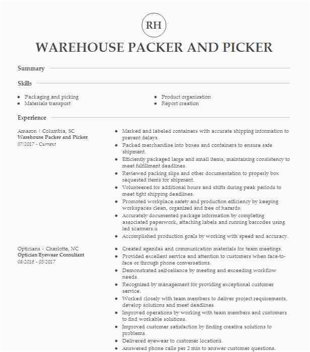 Sample Resume for Warehouse Picker Packer Packer Warehouse Picker Resume Example Dolls Kill Inc