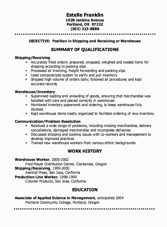Sample Resume for Warehouse Shipping and Receiving Shipping Clerk Resume Sample