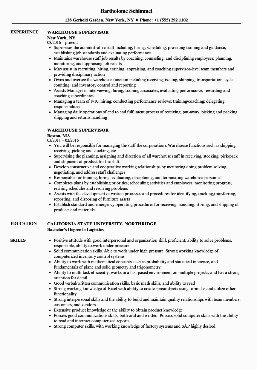 Sample Resume for Warehouse Supervisor Position Warehouse Supervisor Resume Sample Best Resume Examples