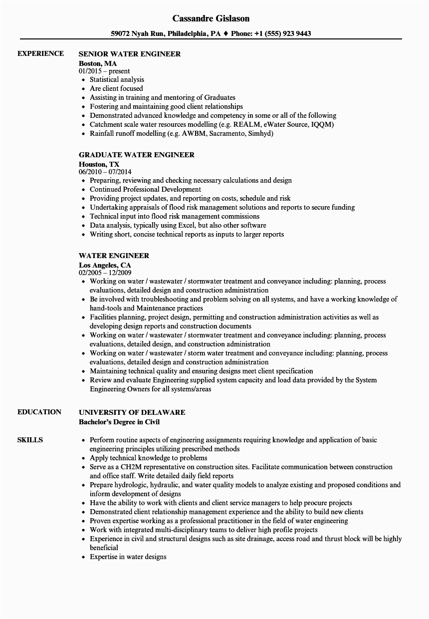Sample Resume for Water Treatment Engineer Water Engineer Resume Samples