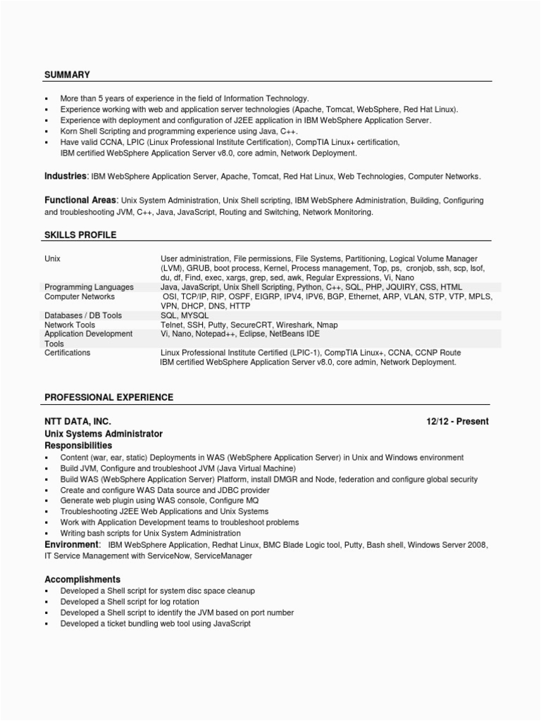 Sample Resume for Windows Server Administrator Fresher Resume Web Server