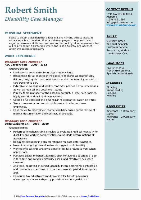 Sample Resume for Working with Developmental Disabilities Disability Case Manager Resume Samples