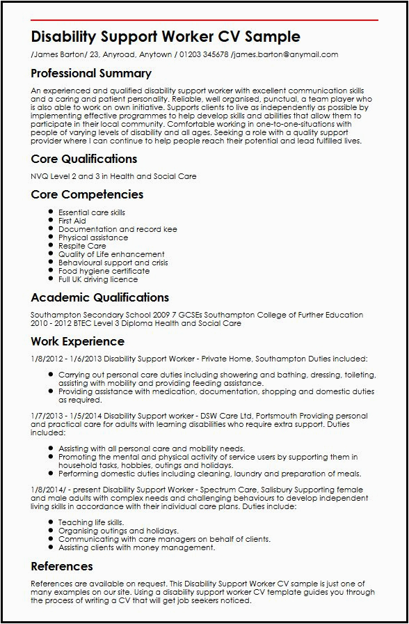 Sample Resume for Working with Developmental Disabilities Disability Support Worker Cv Sample Myperfectcv