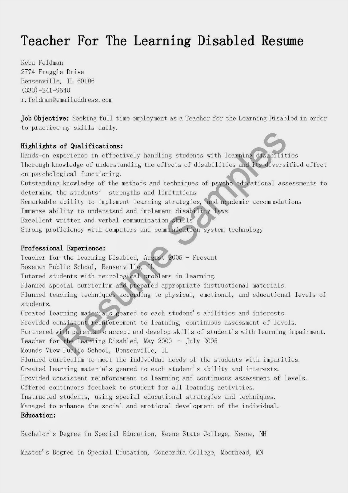 Sample Resume for Working with Developmental Disabilities Resume Samples Teacher for the Learning Disabled Resume