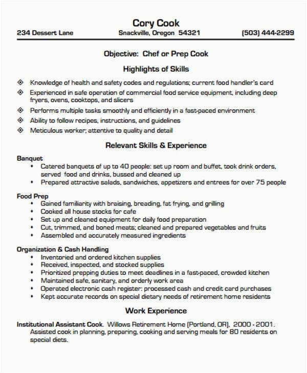 Sample Resume format for Indian Cook 9 Cook Resume Templates Pdf Doc