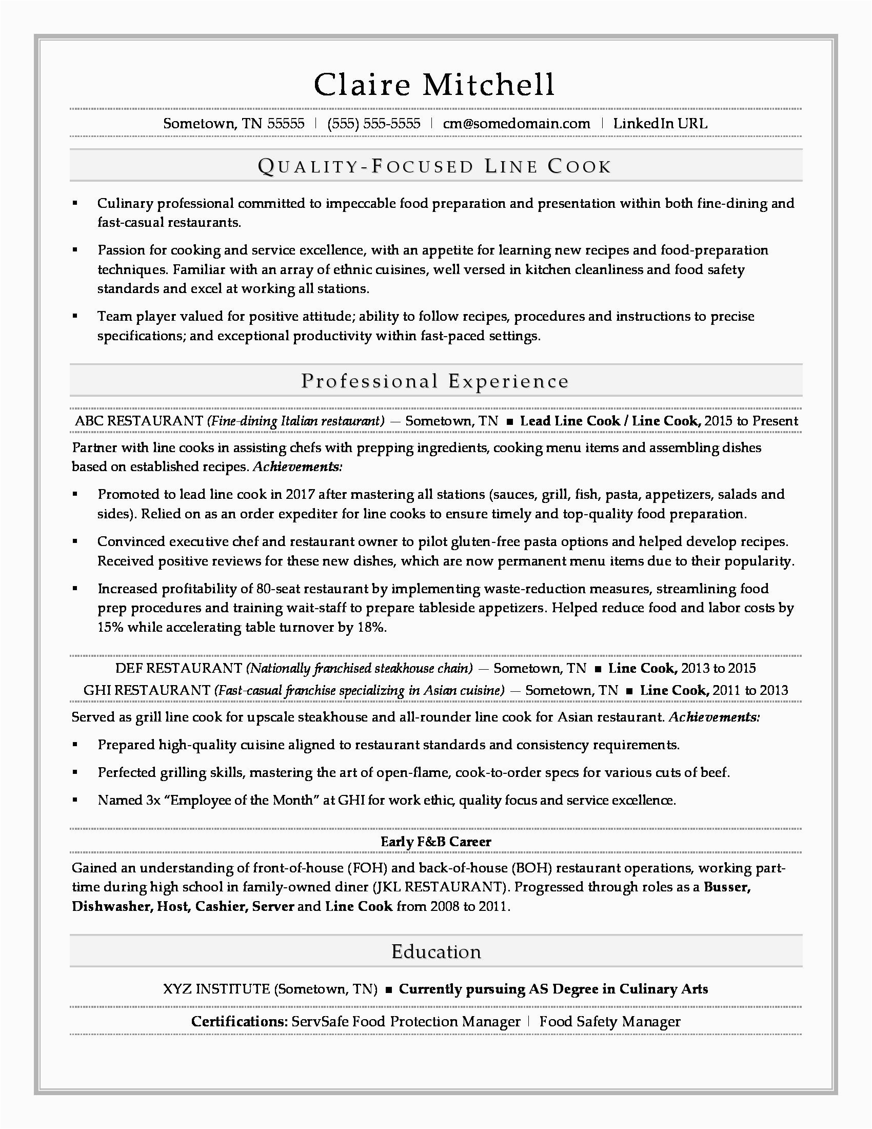 Sample Resume format for Indian Cook Line Cook Resume Sample