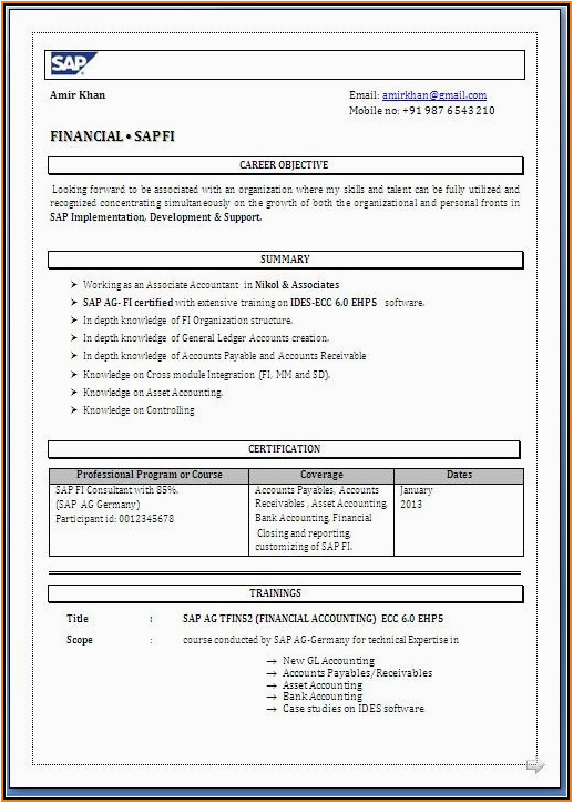 Sap Fico End User Resume Sample for Freshers Sap End User Resume Fico Resume Resume Examples