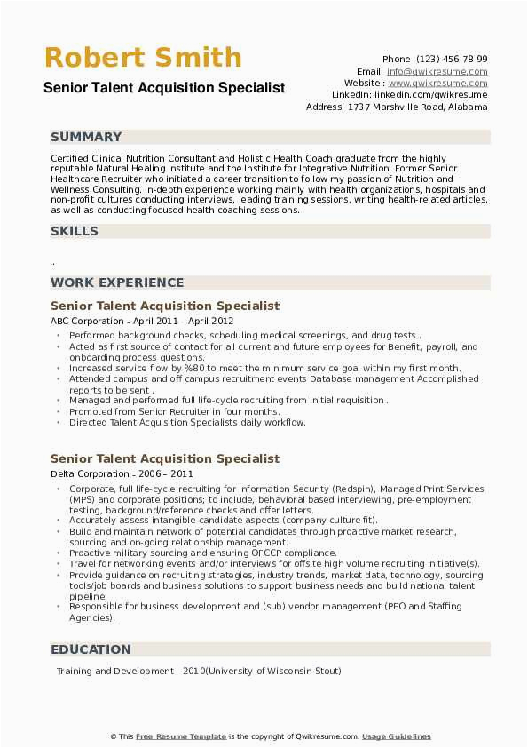 Senior Talent Acquisition Specialist Resume Sample Senior Talent Acquisition Specialist Resume Samples