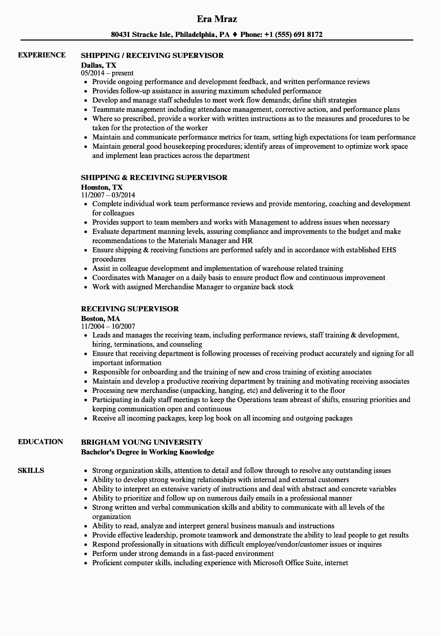 Shipping and Receiving Supervisor Resume Sample Receiving Supervisor Resume Samples