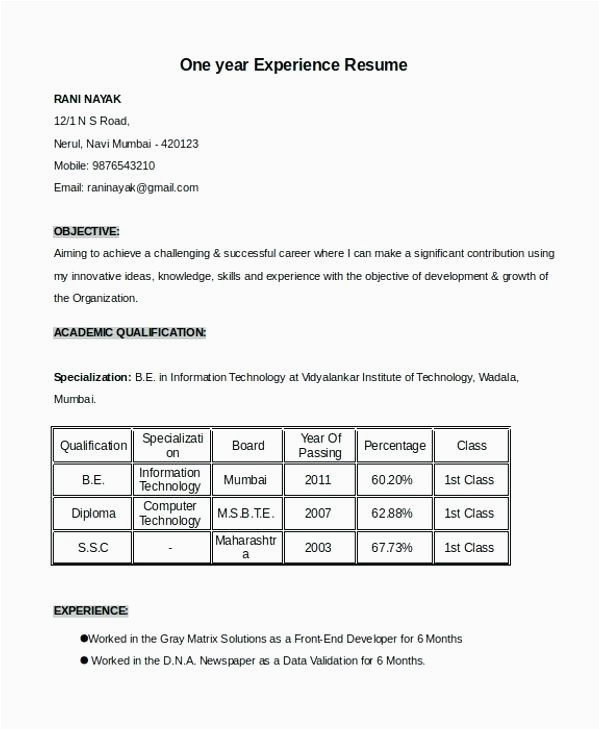 1 Year Experience Resume Sample Pdf 1 Year Experience