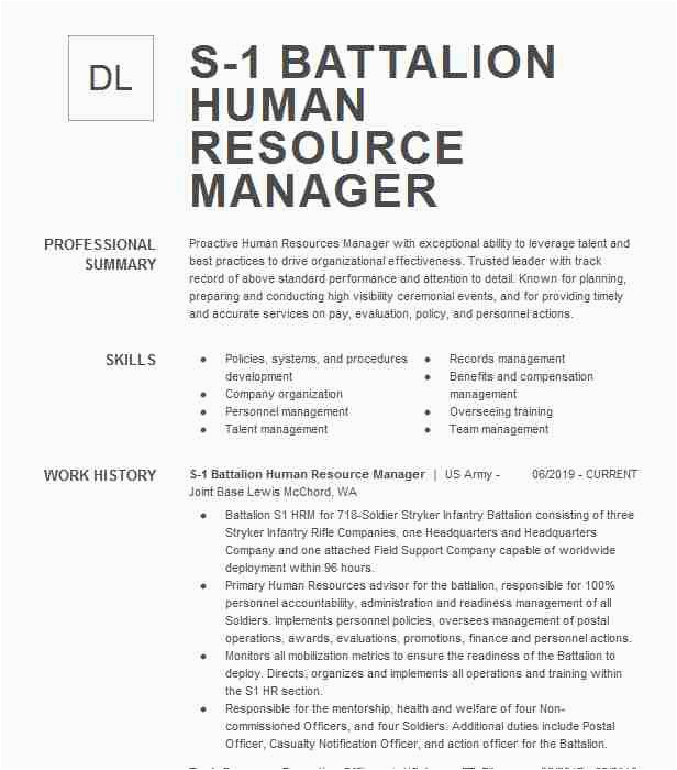 Army Human Resource Specialist Resume Sample assistant S 1 Human Resource Ficer Resume Example United