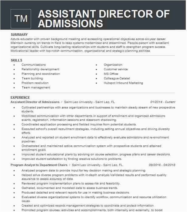 Assistant Director Of Admissions Resume Sample assistant Director Admissions Resume Example Pany