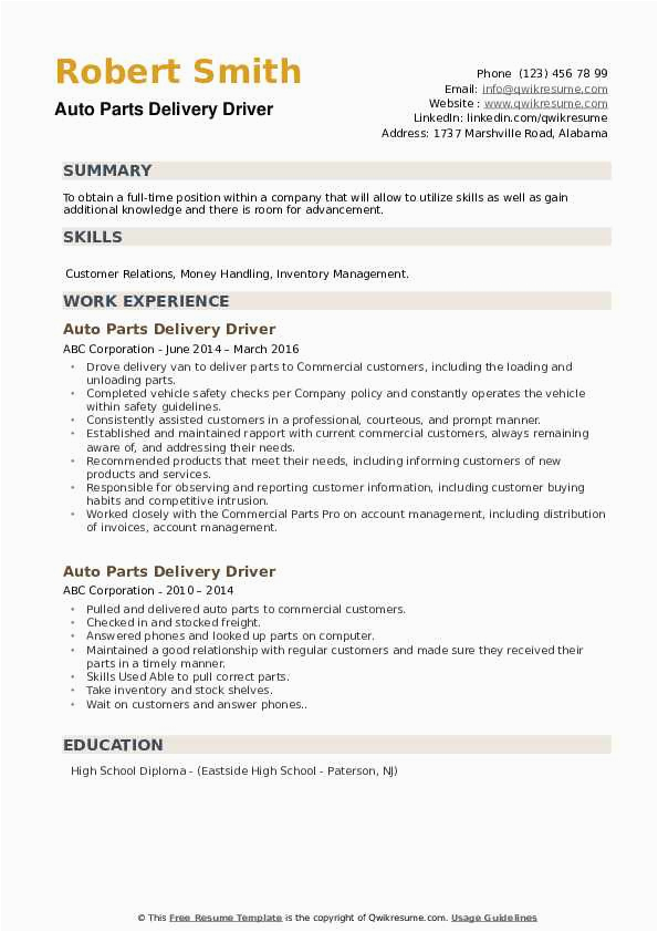 Auto Parts Delivery Driver Resume Sample Auto Parts Delivery Driver Resume Samples