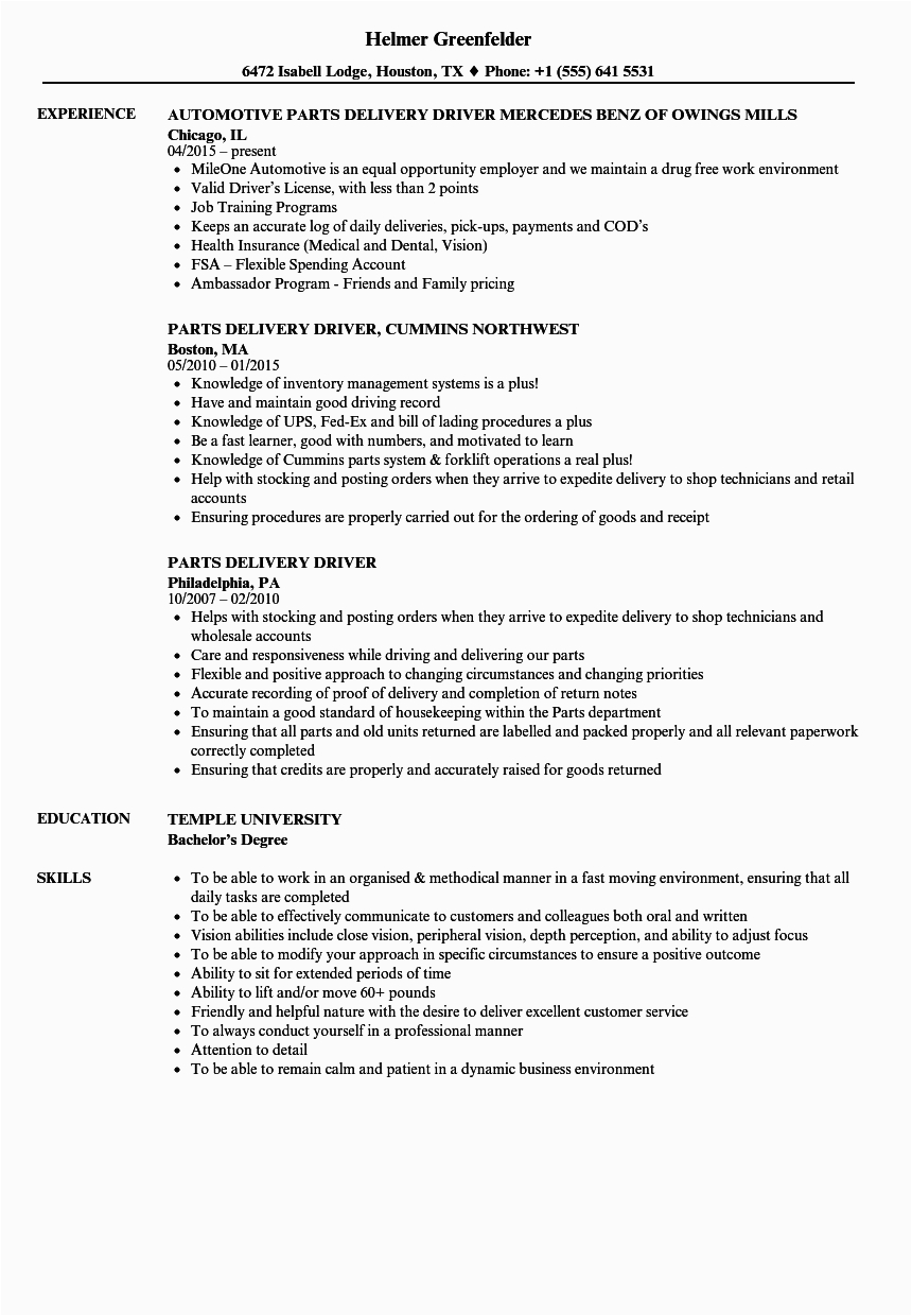 Auto Parts Delivery Driver Resume Sample Parts Delivery Driver Resume Samples