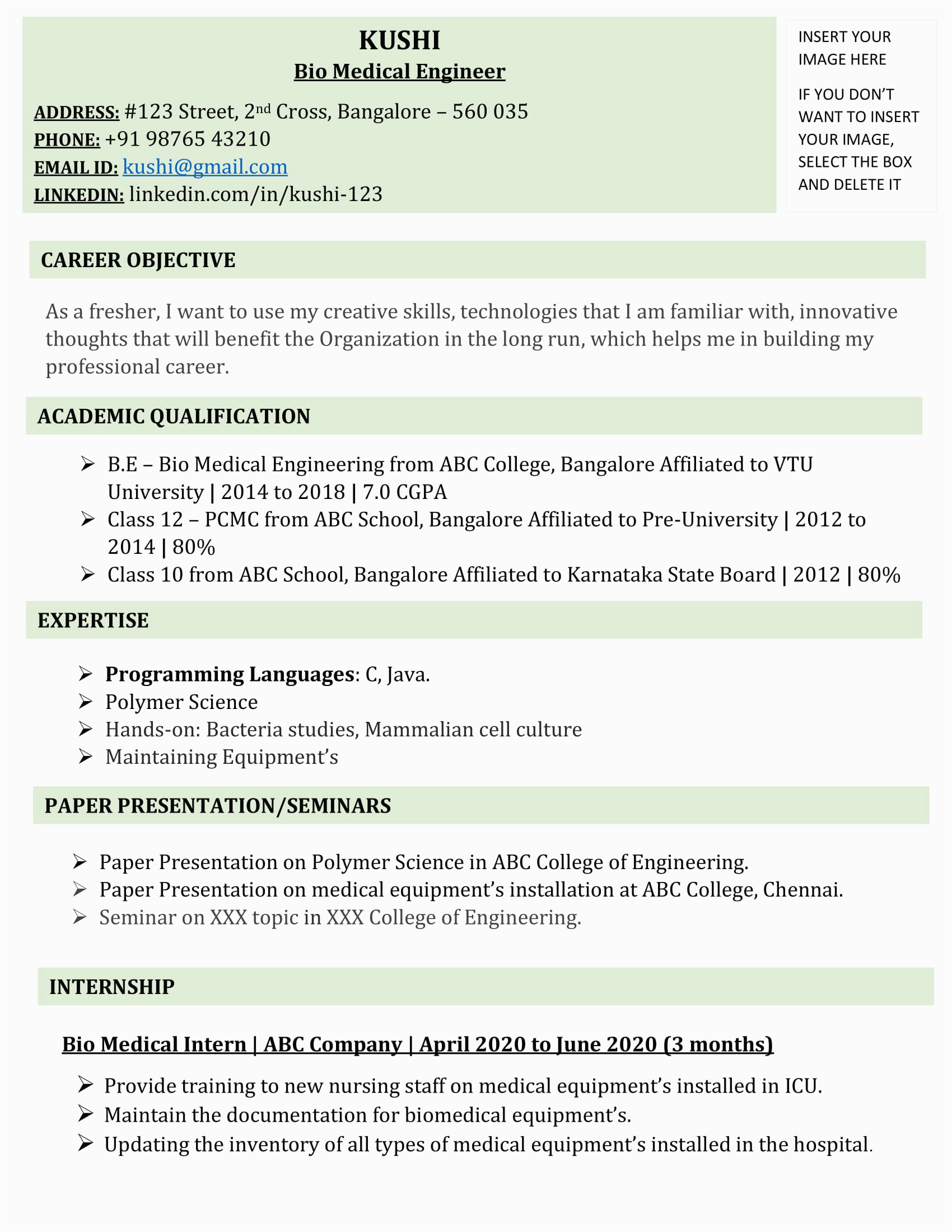 Biomedical Engineering Resume Samples for Freshers Fresher Biomedical Engineering Resume Template 6