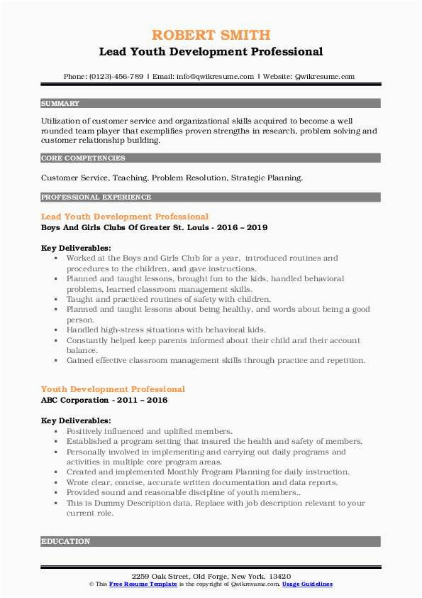 Boys and Girls Club Resume Sample Youth Development Professional Resume Samples