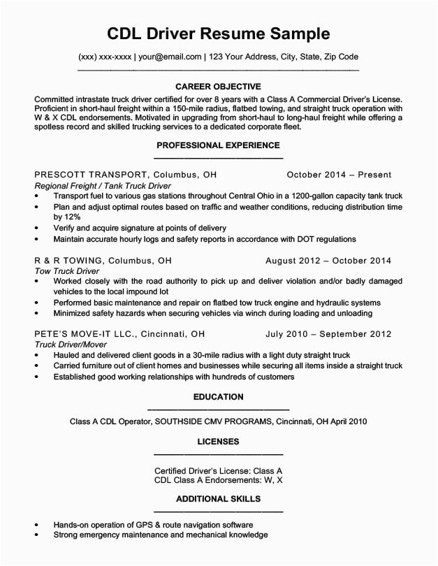 Cdl Class A Truck Driver Resume Sample Cdl Driver Resume Sample & Writing Tips