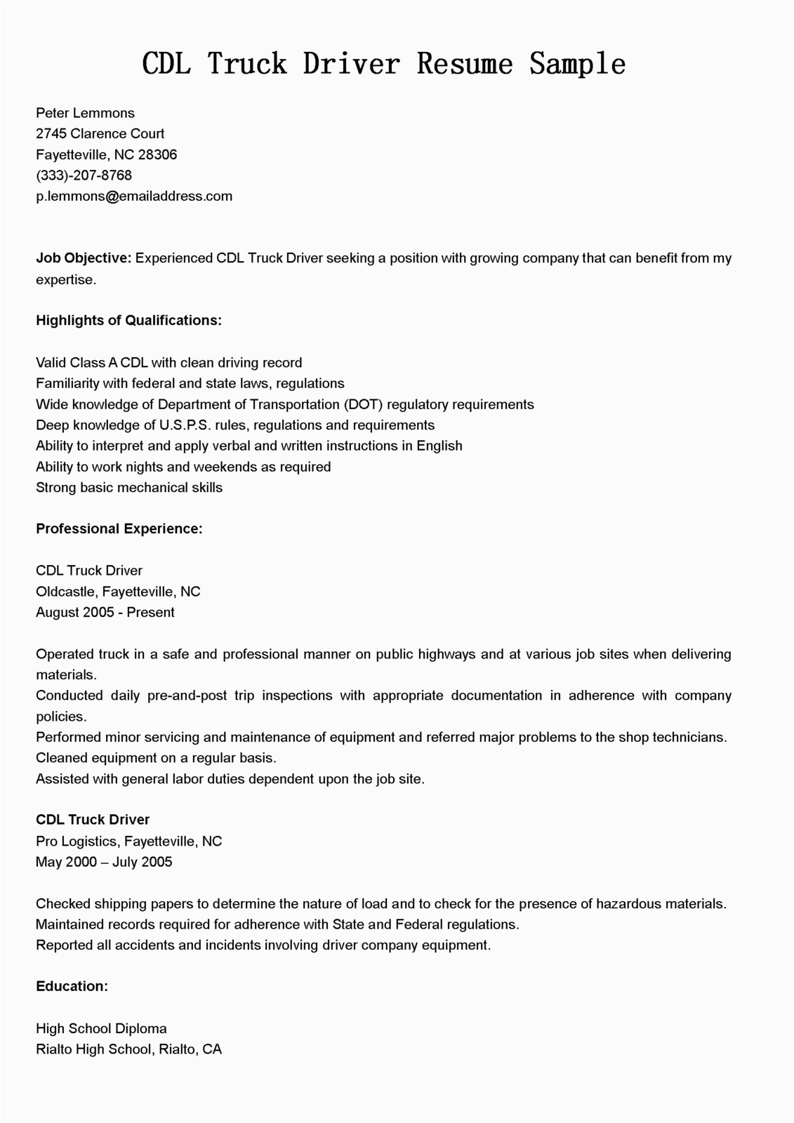 Cdl Class A Truck Driver Resume Sample Driver Resumes Cdl Truck Driver Resume Sample