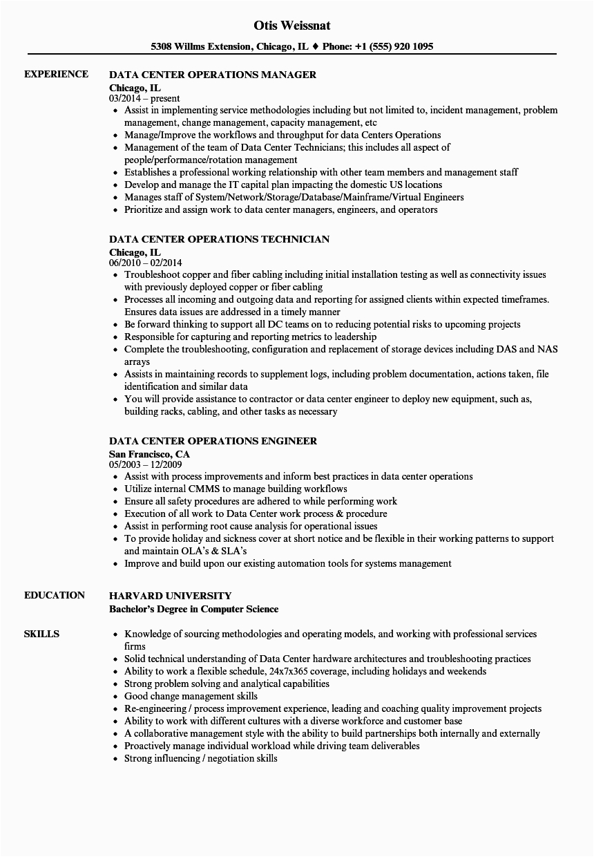 Data Center Operations Engineer Sample Resume Data Center Operations Resume Samples