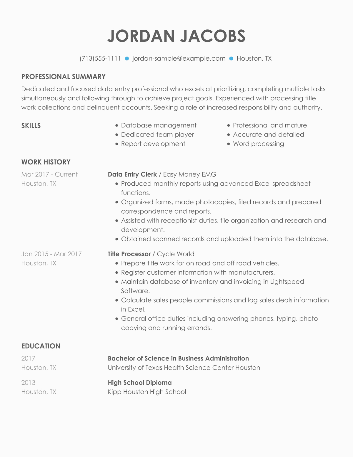 Data Entry Resume Sample with Experience Data Entry Clerk Resume Examples – Free to Try today