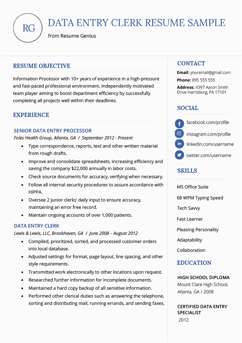 Data Entry Resume Sample with Experience Data Entry Resume Sample & Writing Guide
