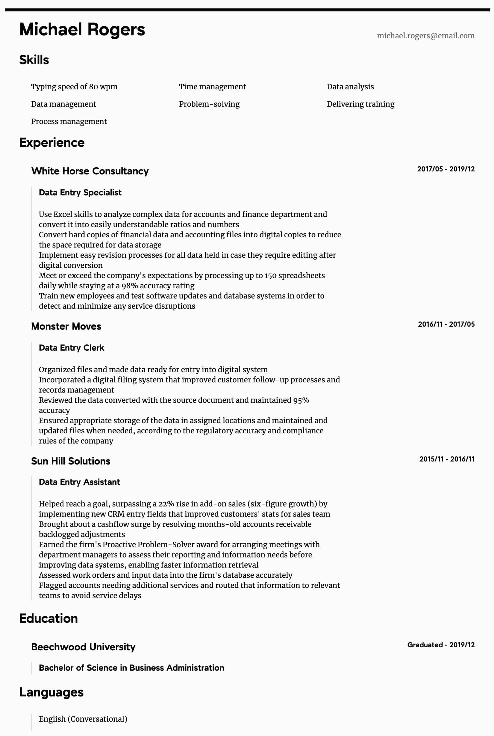 Data Entry Resume Sample with Experience Data Entry Resume Samples All Experience Levels
