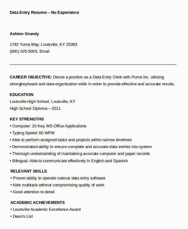 Data Entry Resume Sample with No Experience Pdf 5 Data Entry Resume Templates Pdf Doc