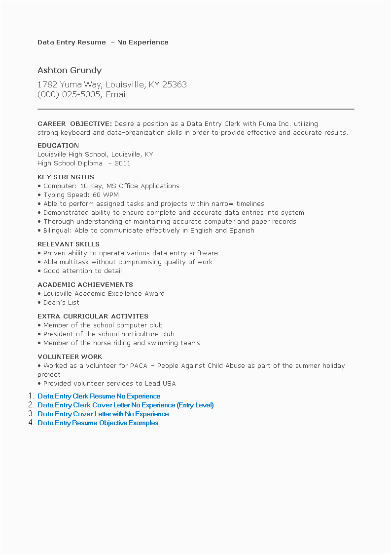 Data Entry Resume Sample with No Experience Pdf No Experience Data Entry Resume
