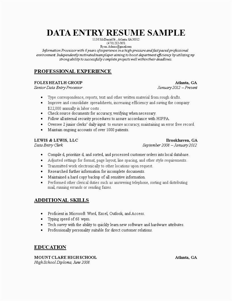 Data Entry Resume Sample with No Experience Pdf Sample Data Entry Resume