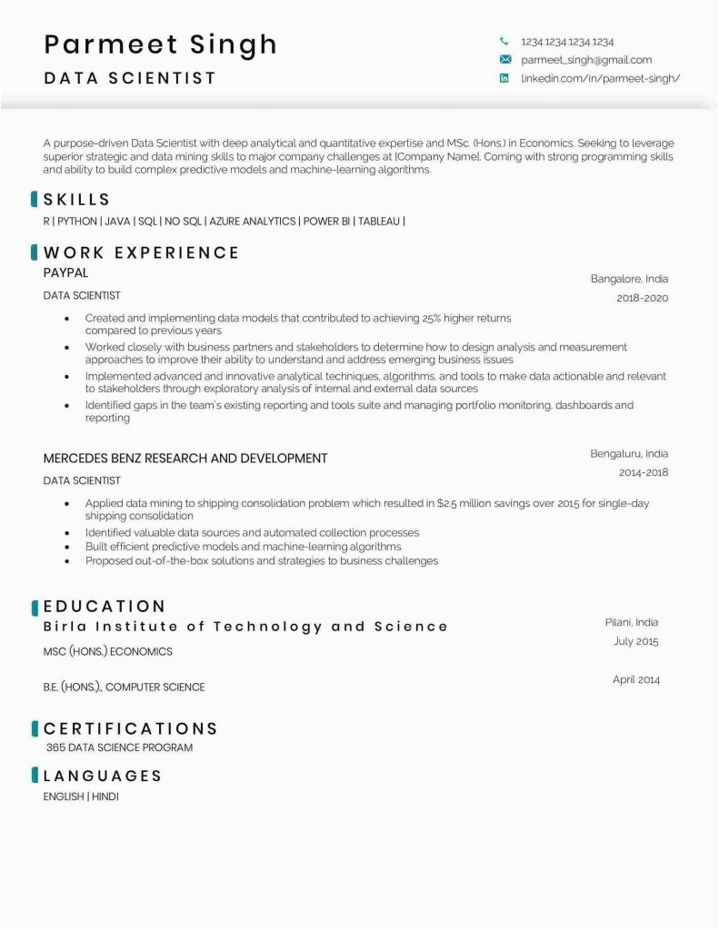 Data Science Resume Sample for Experienced Data Scientist Resume Sample and Template