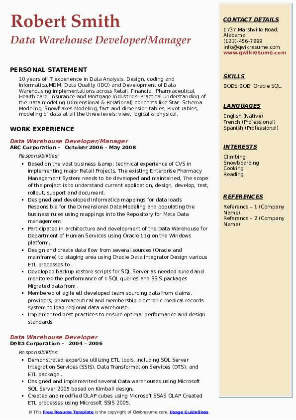 Data Warehouse Project Manager Resume Sample Data Warehouse Developer Resume Samples