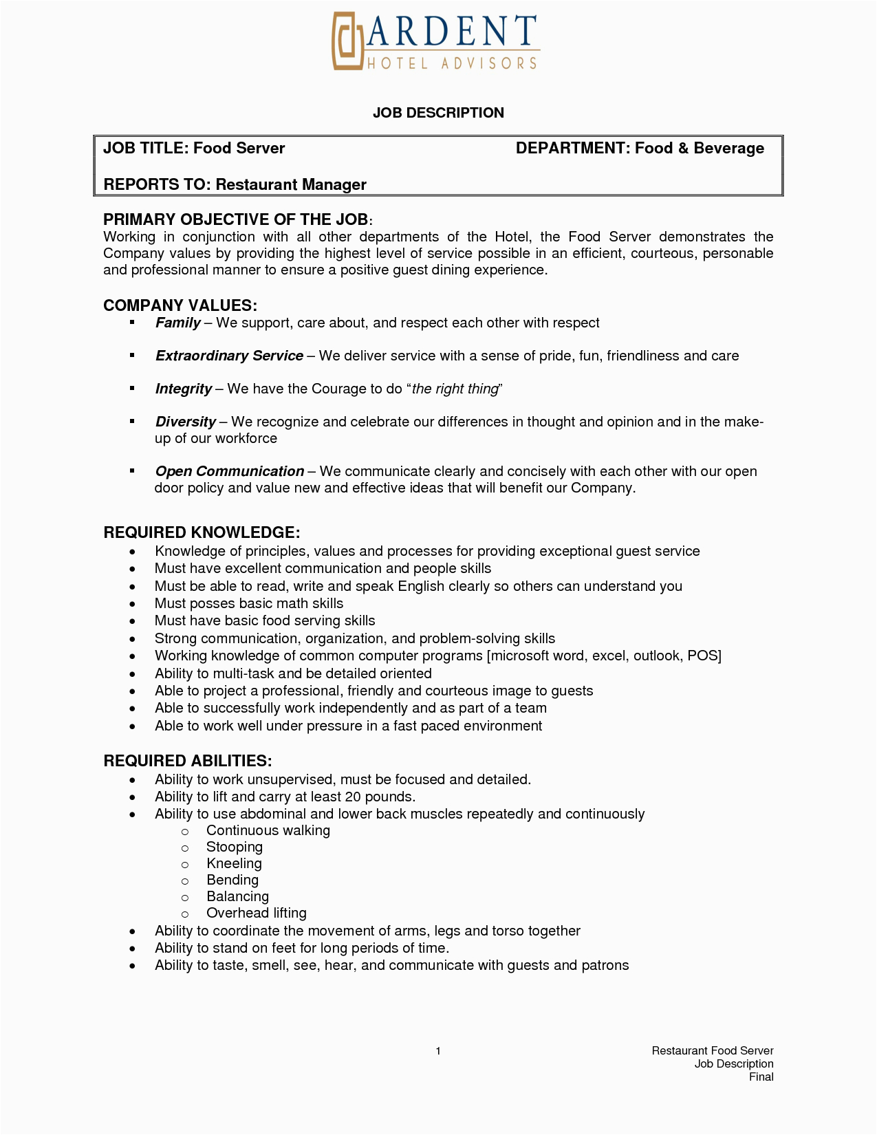 Detailed Resume Sample with Job Description Banquet Server Resume Examplecareer Resume Template