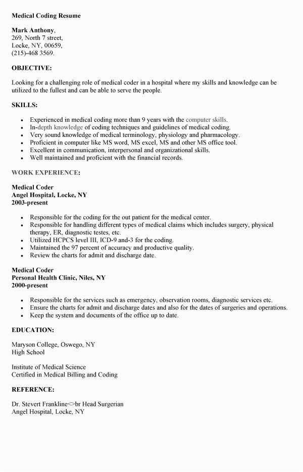 Entry Level Medical Billing and Coding Resume Sample Medical Billing Resumes Examples Free Resume Templates