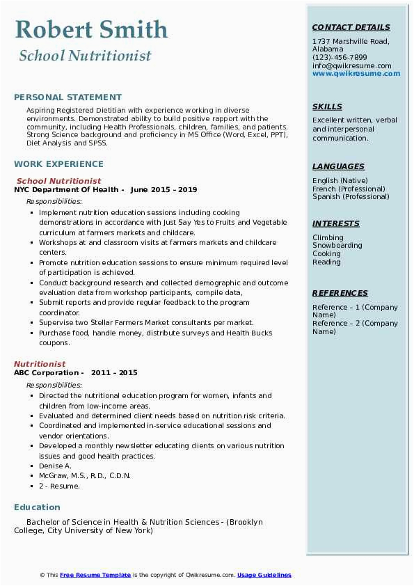 Food Science and Nutrition Resume Sample Nutritionist Resume Samples
