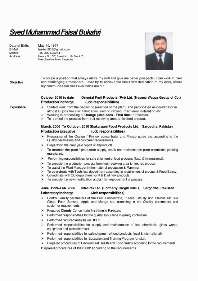 Food Science and Technology Resume Sample Cv Faisal for Food Science Processing and Technology