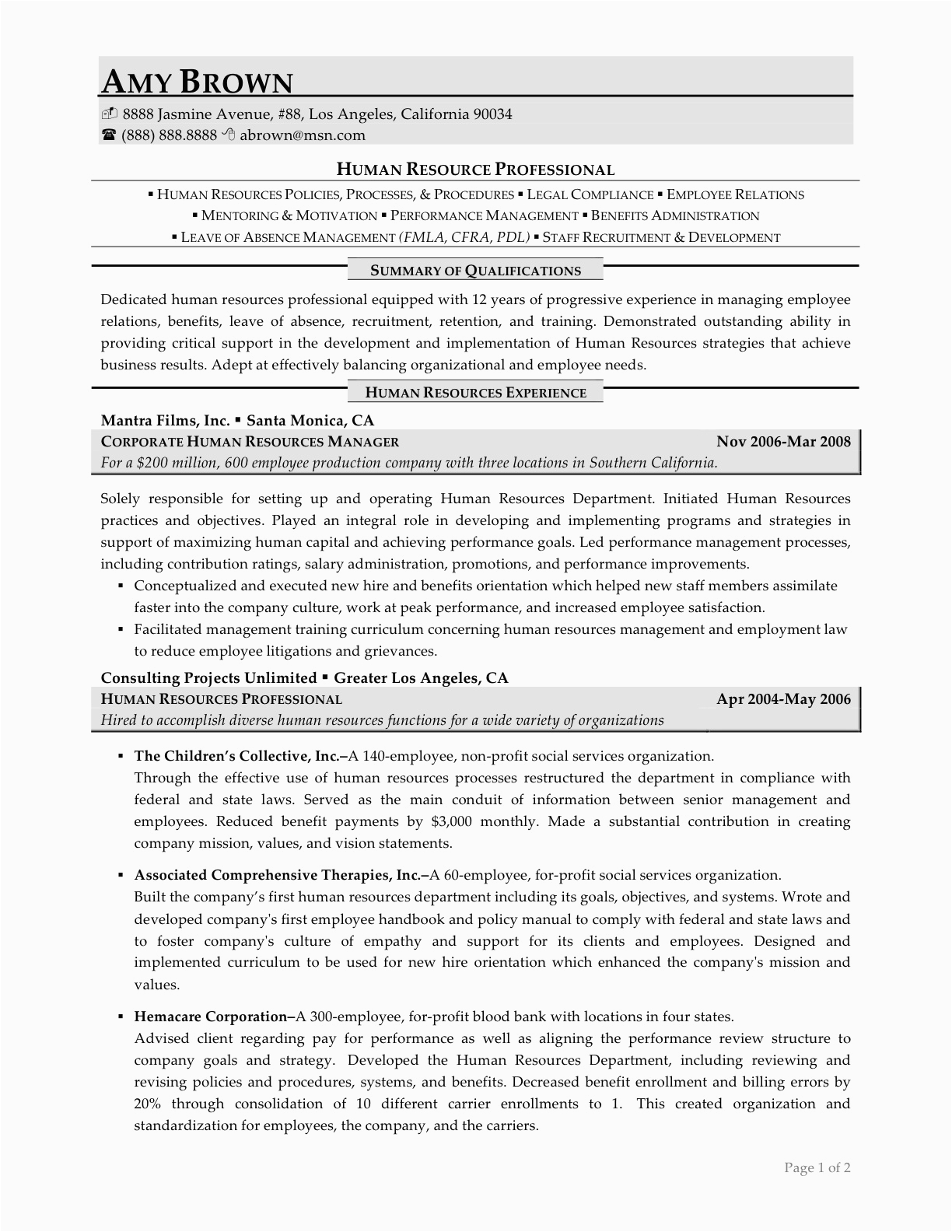 Human Resources Summary Of Qualifications Resume Sample Human Resources Resume Examples Resume Professional Writers