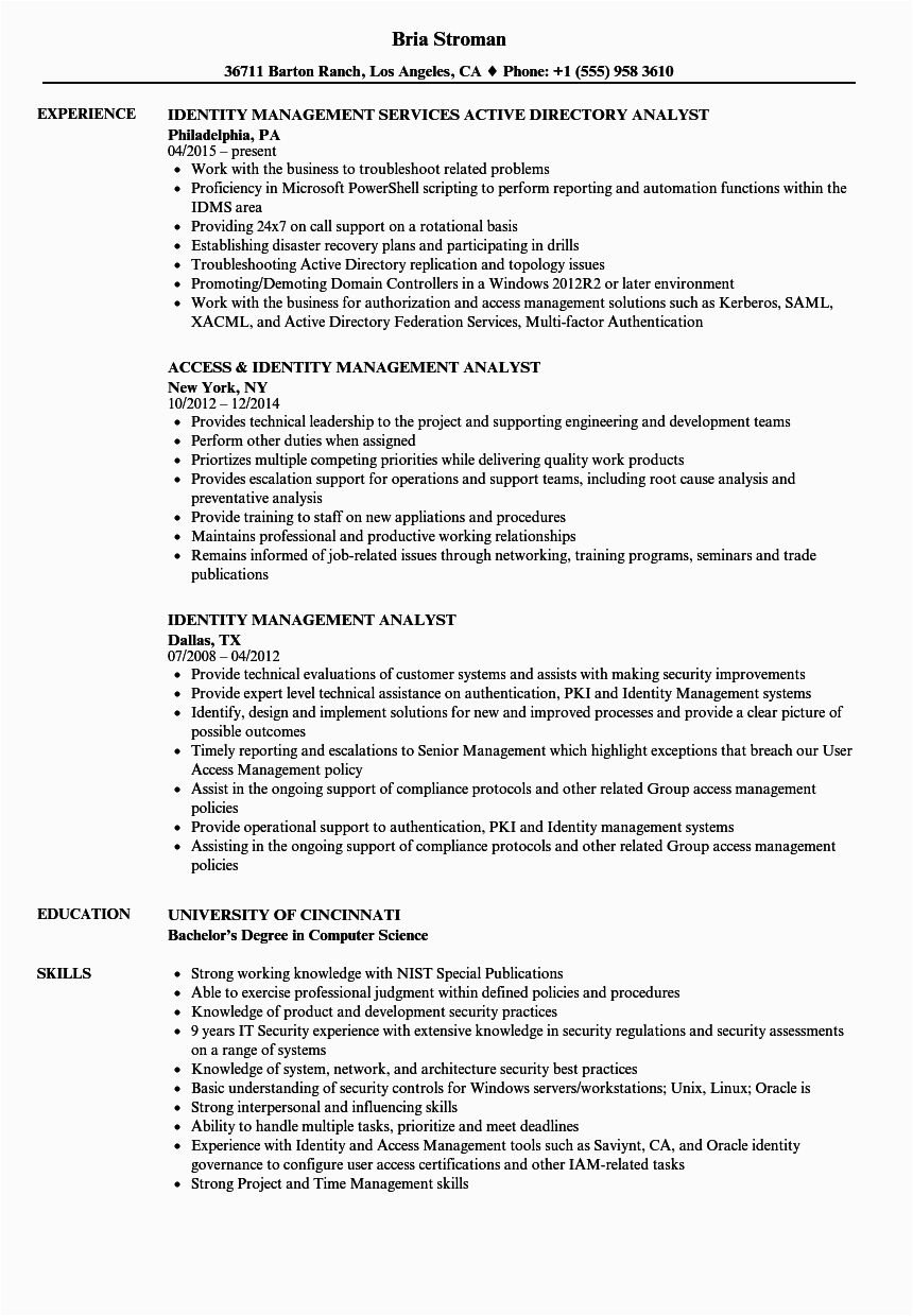 Identity and Access Management Sample Resume Identity Management Analyst Resume Samples