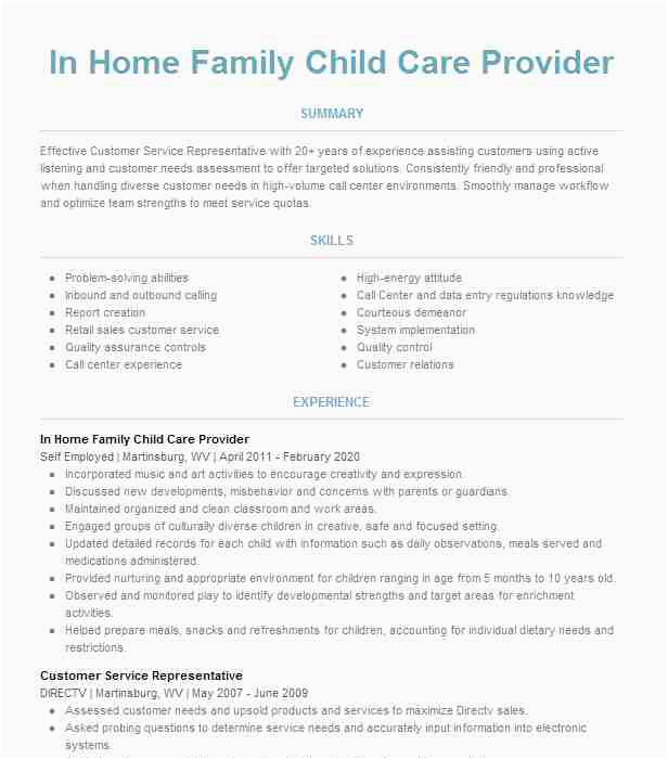In Home Care Provider Resume Sample In Home Child Care Provider Resume Example Pany Name