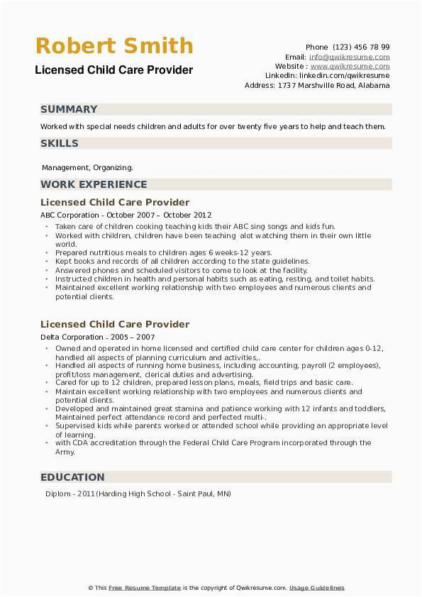 In Home Child Care Provider Resume Sample Licensed Child Care Provider Resume Samples