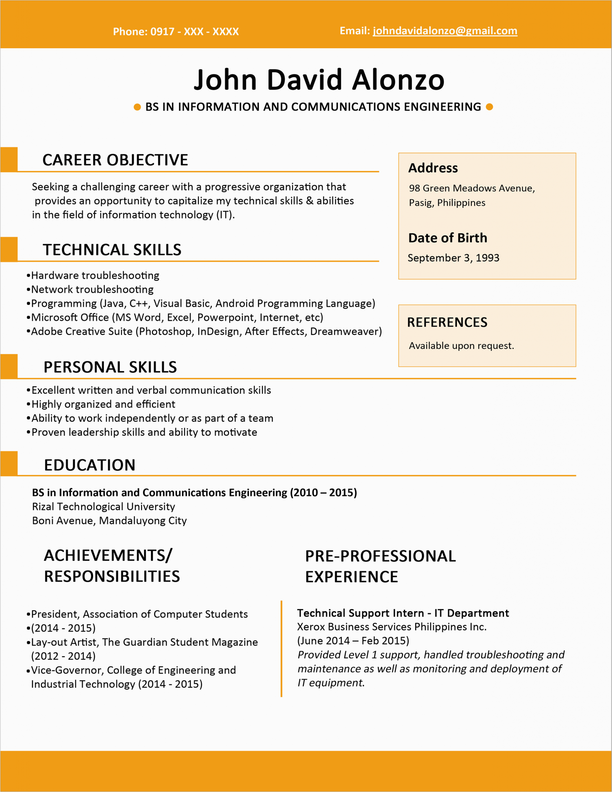 Information Technology Sample Resume for Fresh Graduates Resume Sample for Fresh Graduate Information Technology