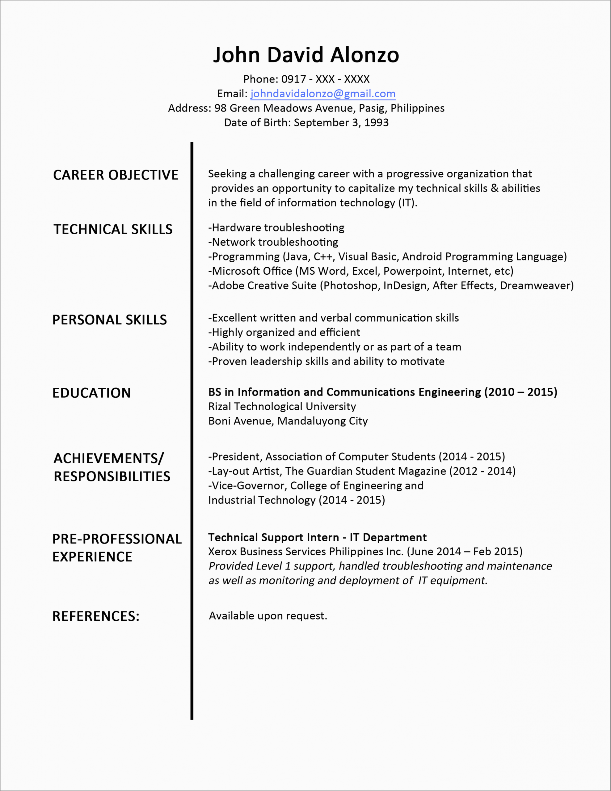 Information Technology Sample Resume for Fresh Graduates Sample Fresh Graduate Resume format for Technical Support