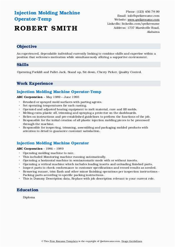 Injection Molding Machine Operator Sample Resume Injection Molding Machine Operator Resume Samples