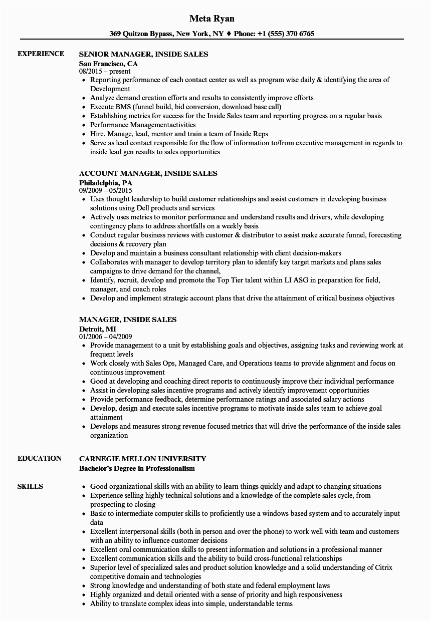 Inside Sales Account Manager Resume Sample Manager Inside Sales Resume Samples